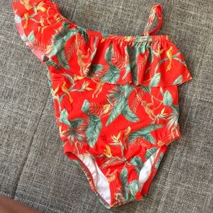 Girls' Red Tropical One-Shoulder Ruffle Swimsuit